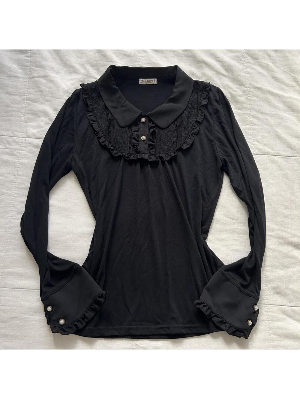 Axes Femme Black Lace Yoke Peter Pan Collar Pearl Button Blouse Medium Japan